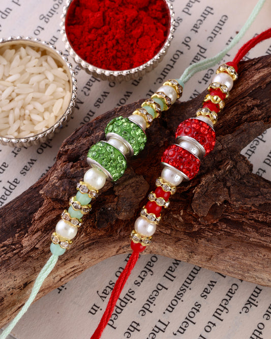 Pack of 2 - Tejomay Rakhi - Mint Red : with Tilak Set and Card