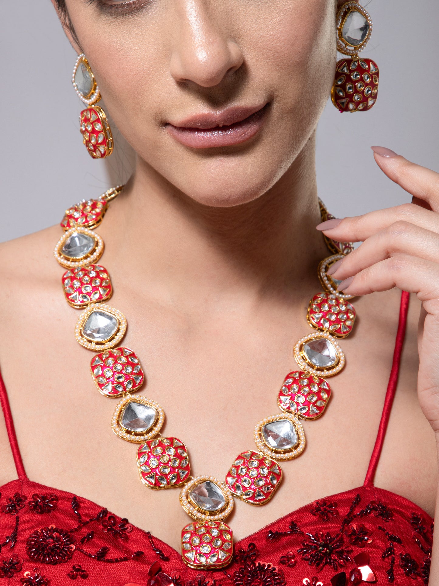 Maroon Harleen Meenakari Long Necklace Set with Teeka and Earring