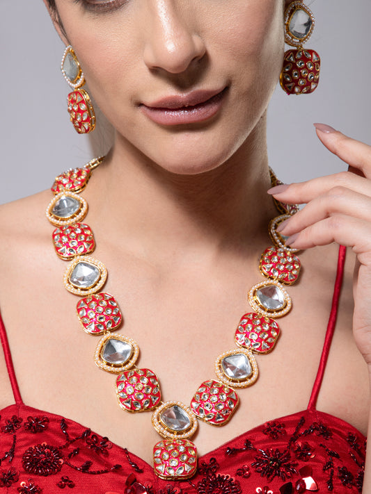 Maroon Harleen Meenakari Long Necklace Set with Teeka and Earring