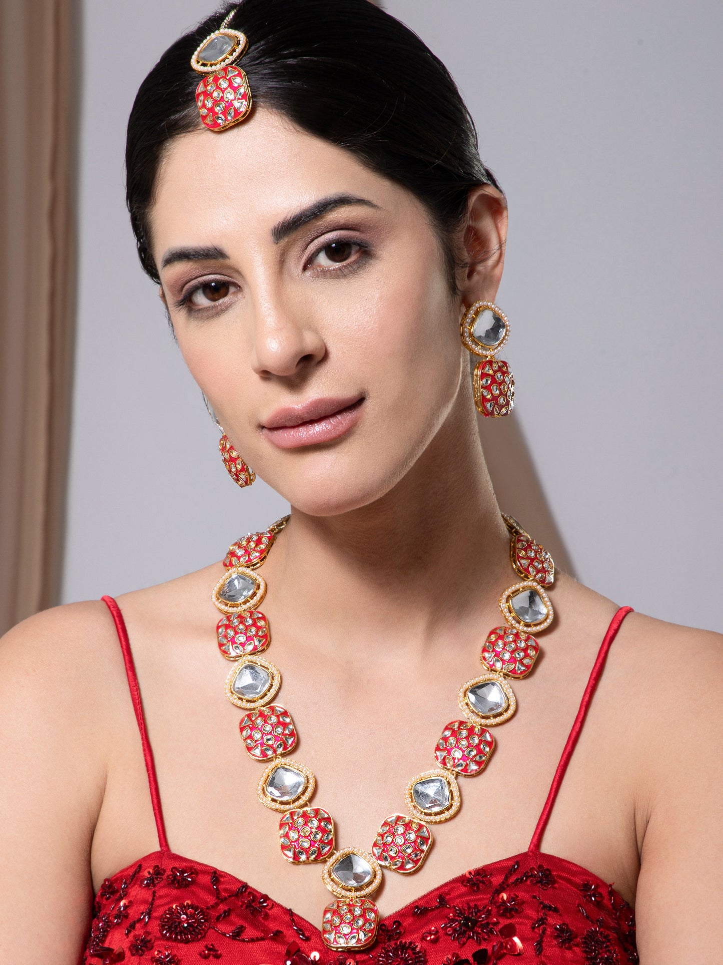 Maroon Harleen Meenakari Long Necklace Set with Teeka and Earring