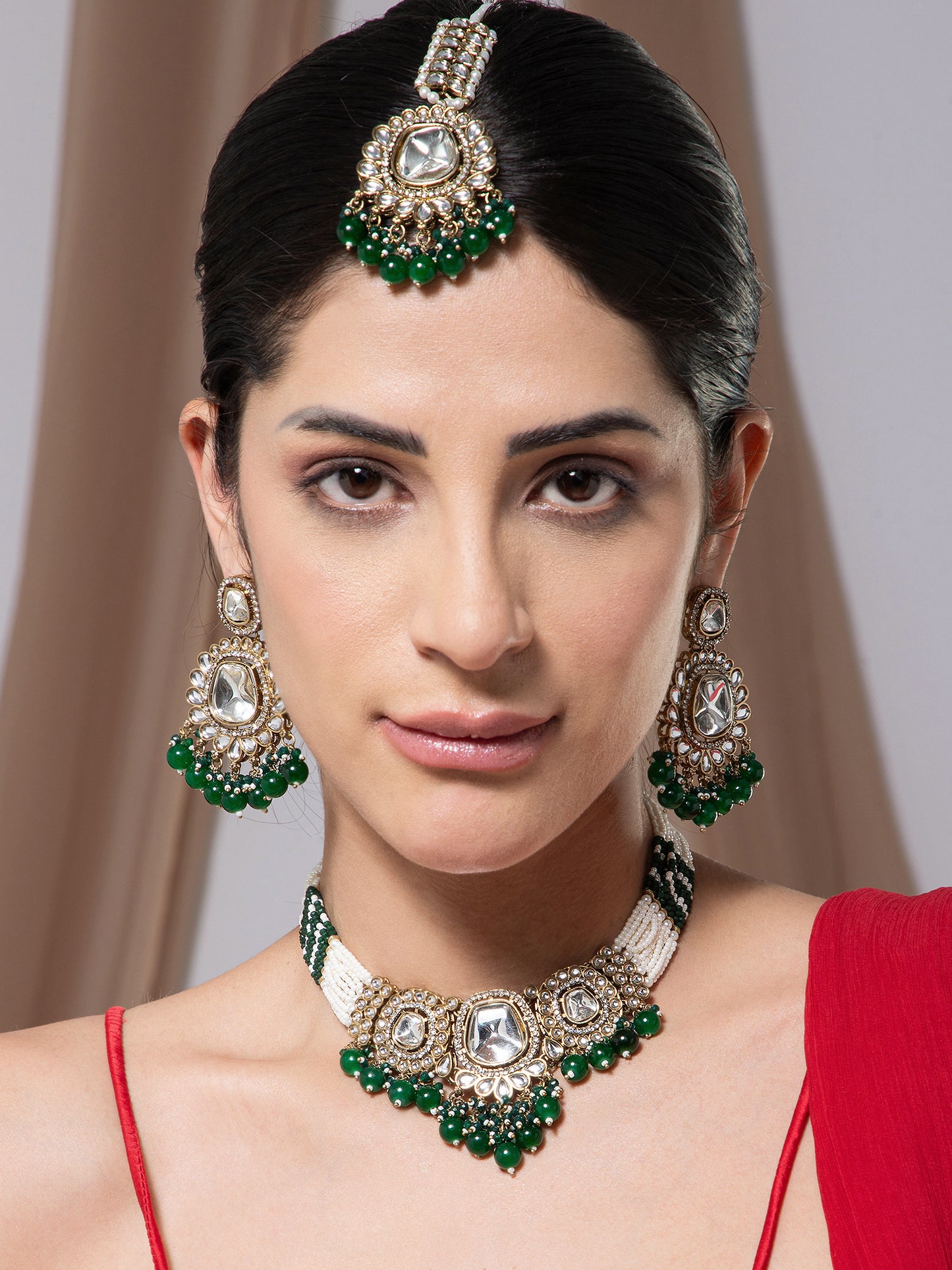 Green Sharvika Premium Necklace with Earring and Teeka