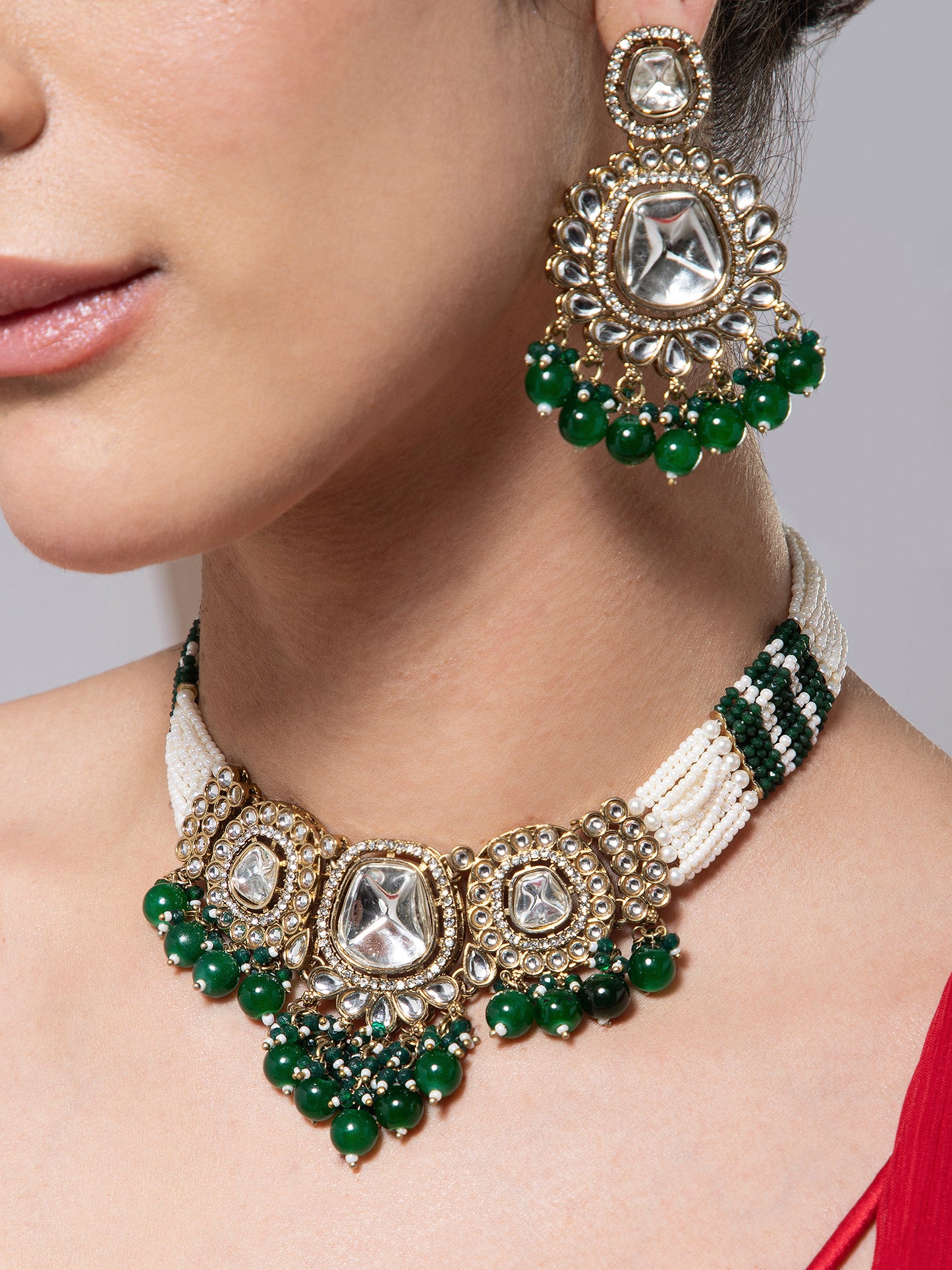 Green Sharvika Premium Necklace with Earring and Teeka