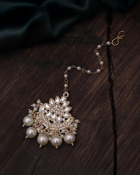 Gold Savreen Kundan Pearl Mangteeka