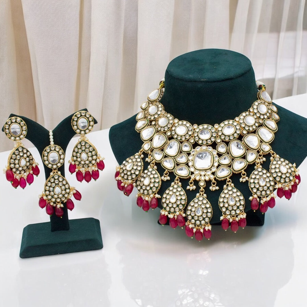 Dark Pink Amrit Meenakari Kundan Premium High Quality Necklace with Teeka and Earring