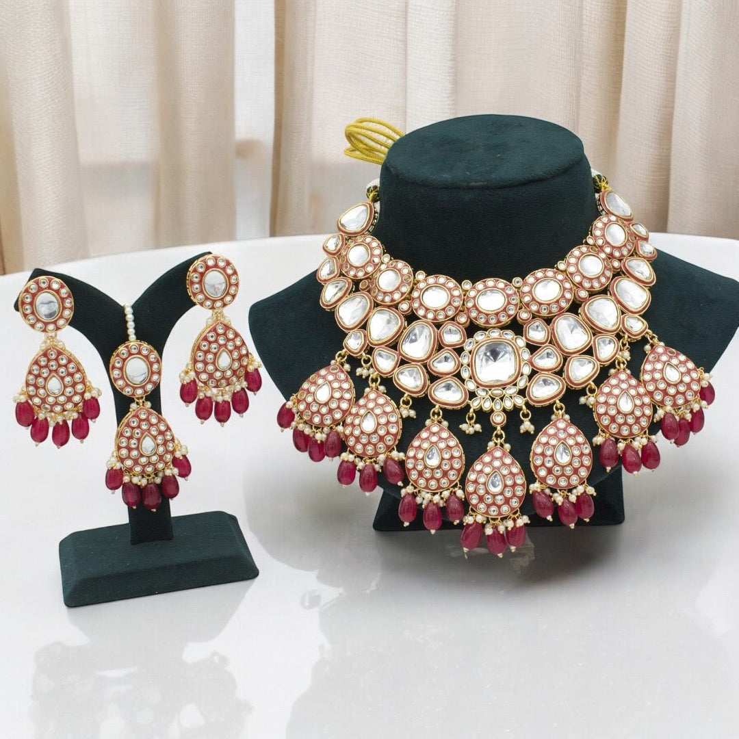 Maroon Amrit Meenakari Kundan Premium High Quality Necklace with Teeka and Earring