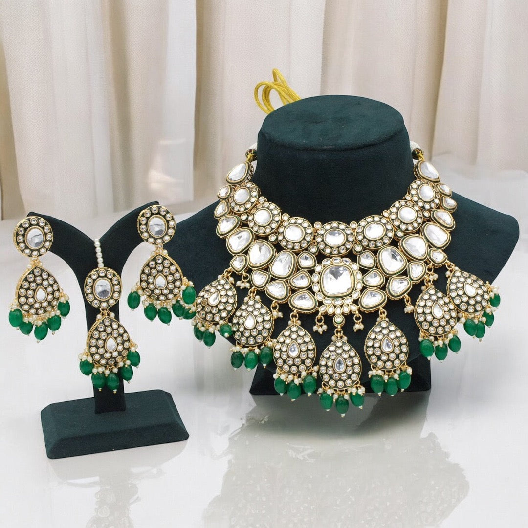 Green Amrit Meenakari Kundan Premium High Quality Necklace with Teeka and Earring