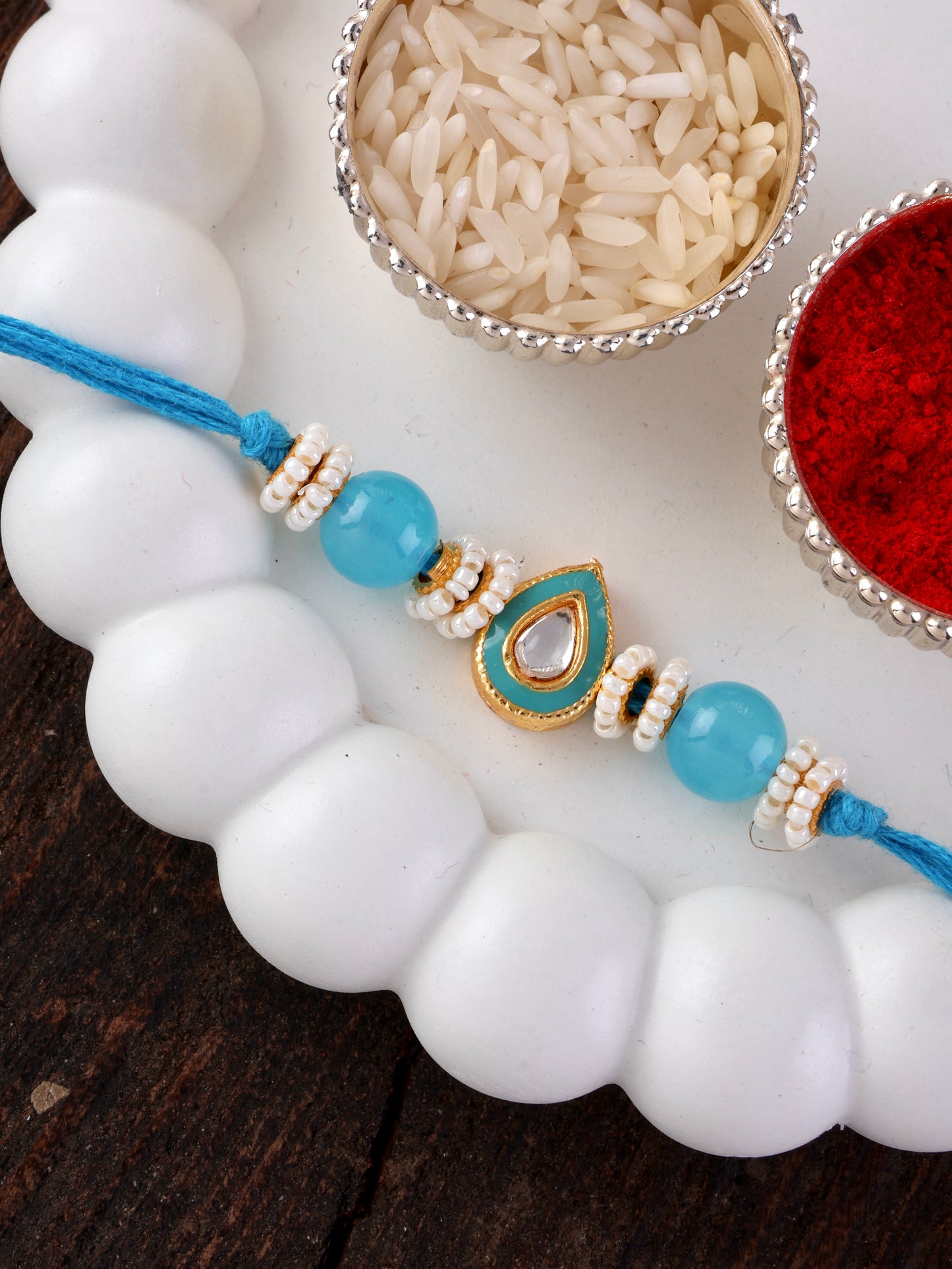 Turquoise Dhivi Rakhi with Tilak Set and Card