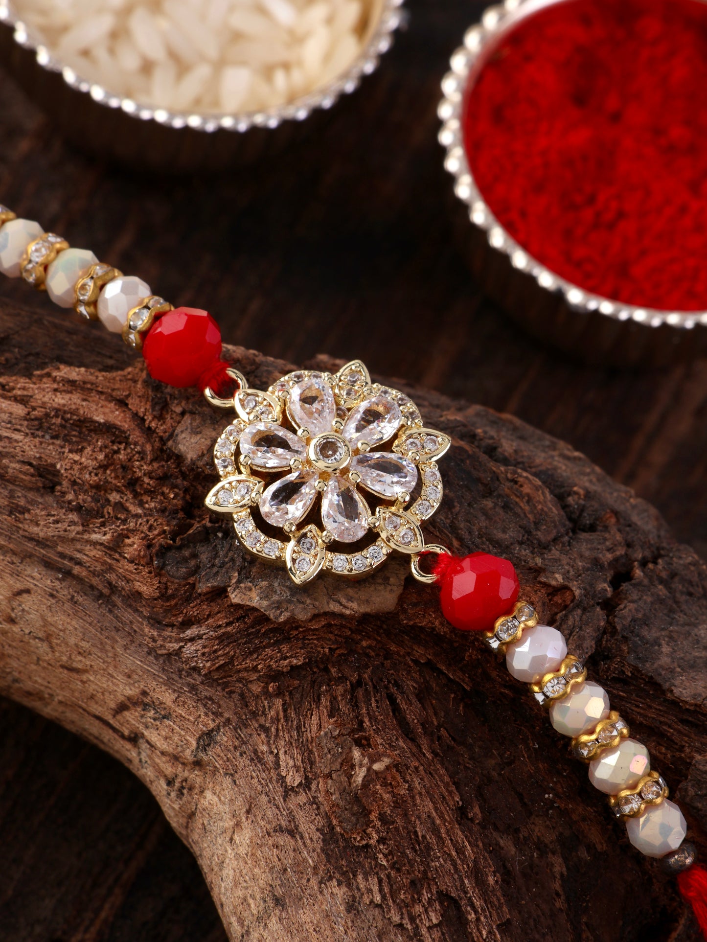 Diamond Rakhi Bracelet with Premium Box and Tilak Set