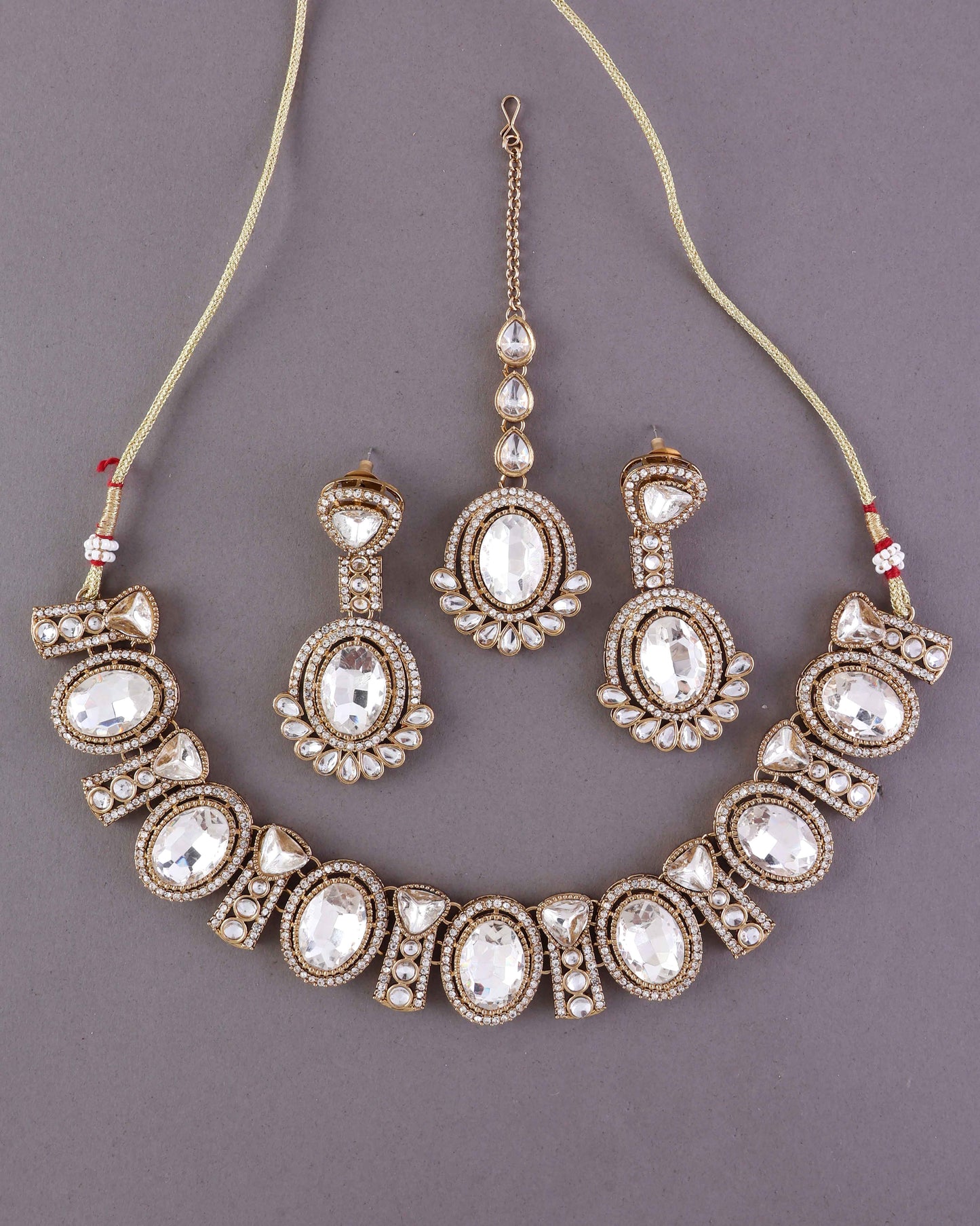 Silver Taruja Premium Polki Dupe Necklace with Earring and Mangteeka