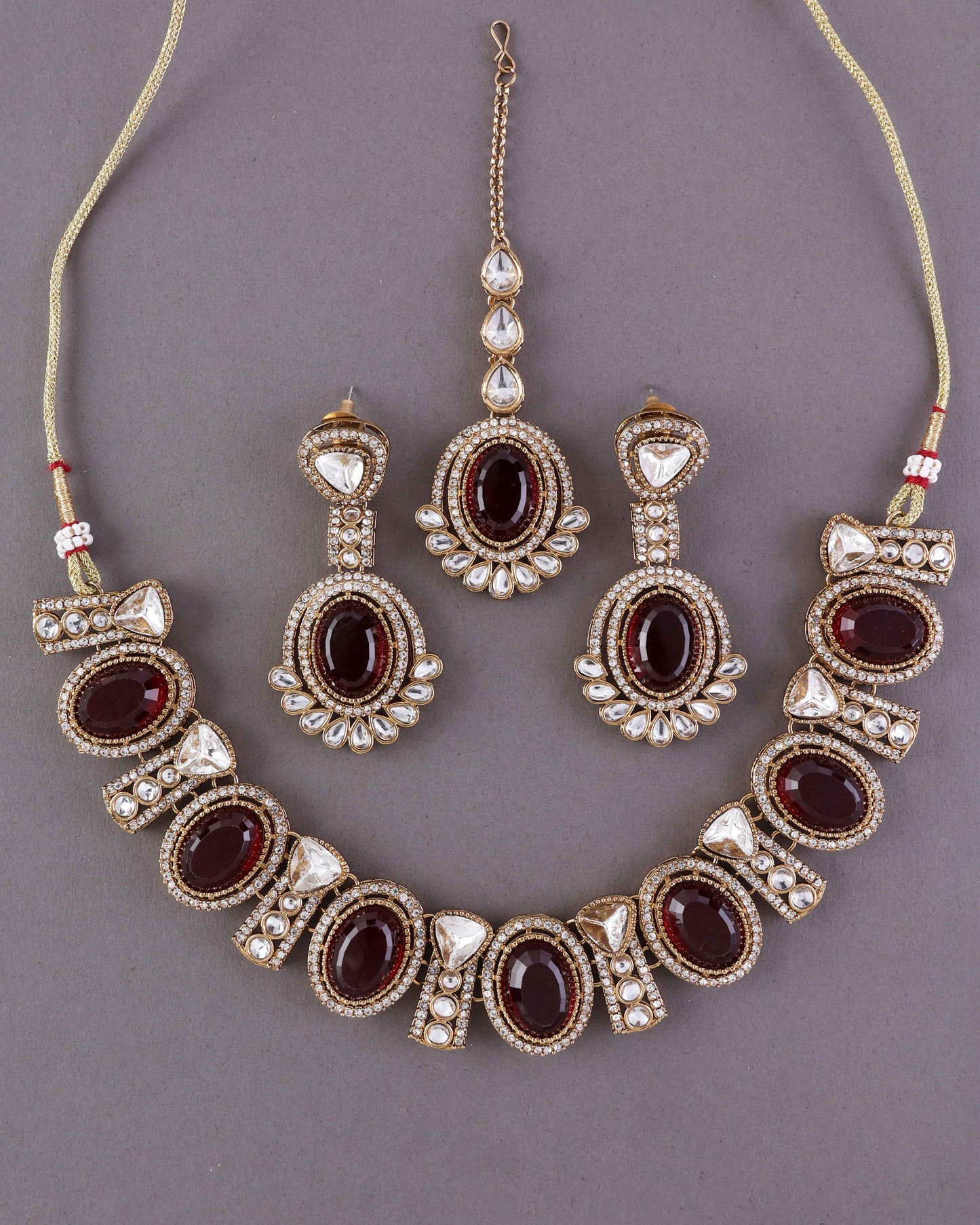 Maroon Taruja Premium Polki Dupe Necklace with Earring and Mangteeka