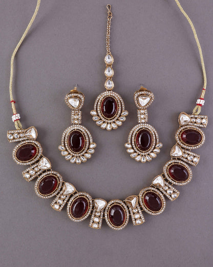 Maroon Taruja Premium Polki Dupe Necklace with Earring and Mangteeka