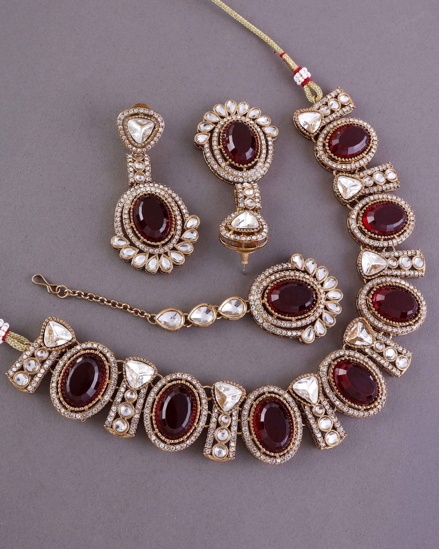 Maroon Taruja Premium Polki Dupe Necklace with Earring and Mangteeka