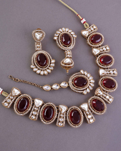 Maroon Taruja Premium Polki Dupe Necklace with Earring and Mangteeka
