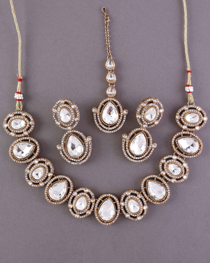 Silver Hania Premium Polki Dupe Necklace with Earring and Mangteeka