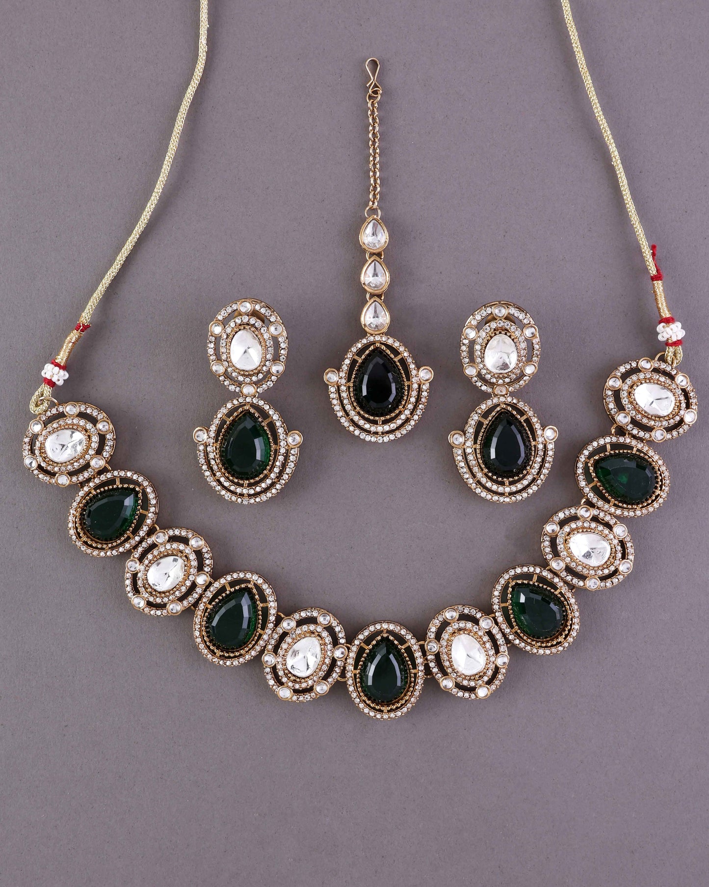 Emerald Hania Premium Polki Dupe Necklace with Earring and Mangteeka