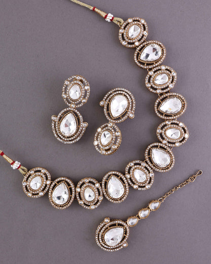 Silver Hania Premium Polki Dupe Necklace with Earring and Mangteeka