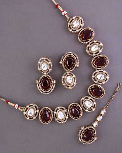 Ruby Hania Premium Polki Dupe Necklace with Earring and Mangteeka