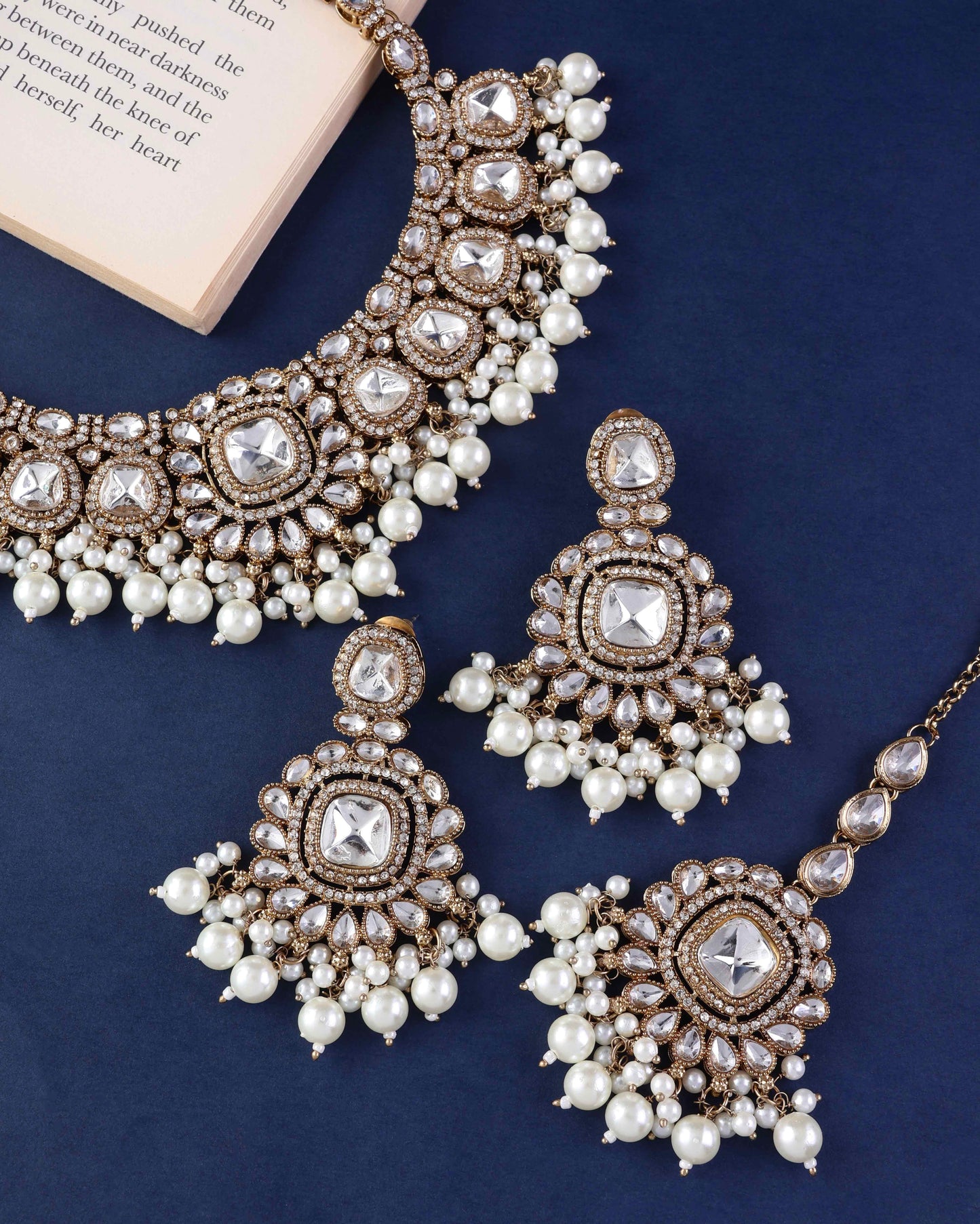 Jasraj Premium Zircone Polki Dupe Pearl Necklace with Earring and Teeka