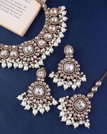 Jasraj Premium Zircone Polki Dupe Pearl Necklace with Earring and Teeka