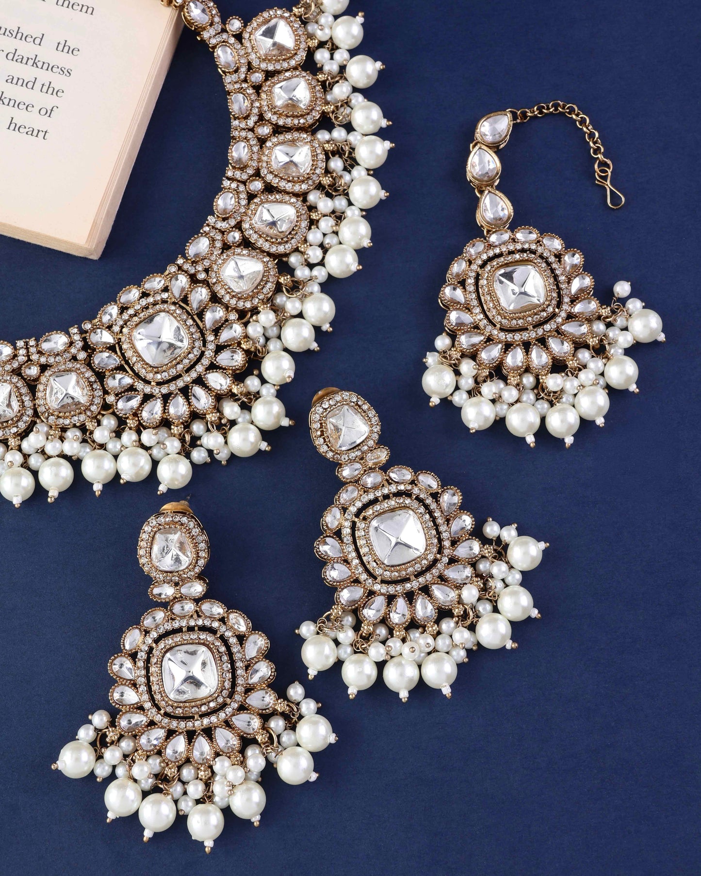Jasraj Premium Zircone Polki Dupe Pearl Necklace with Earring and Teeka