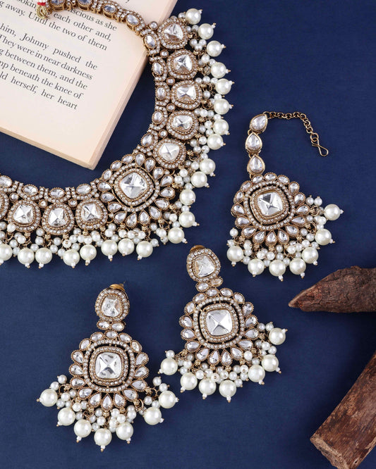 Jasraj Premium Zircone Polki Dupe Pearl Necklace with Earring and Teeka