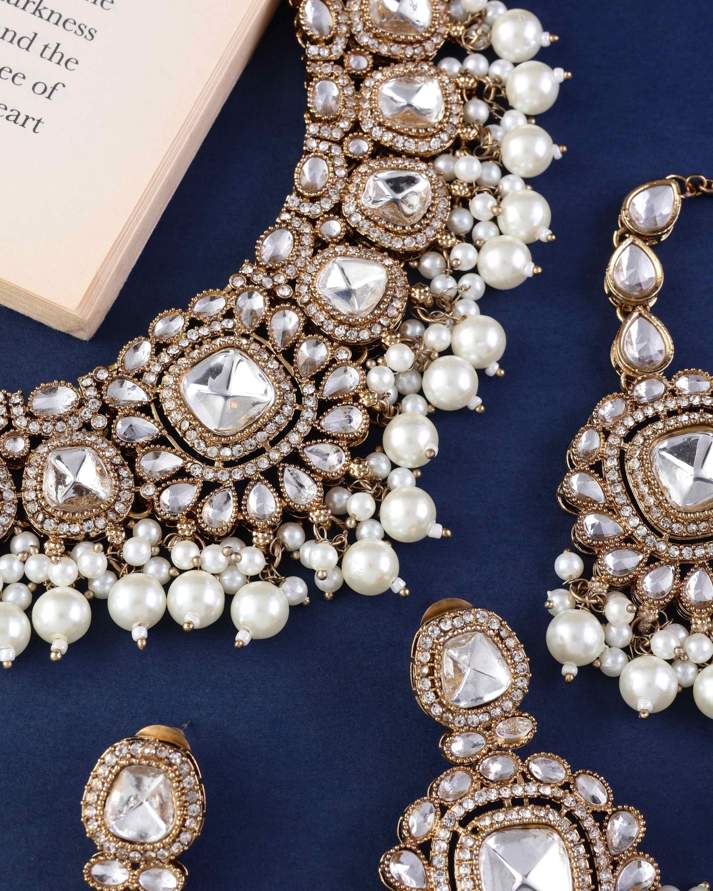 Jasraj Premium Zircone Polki Dupe Pearl Necklace with Earring and Teeka