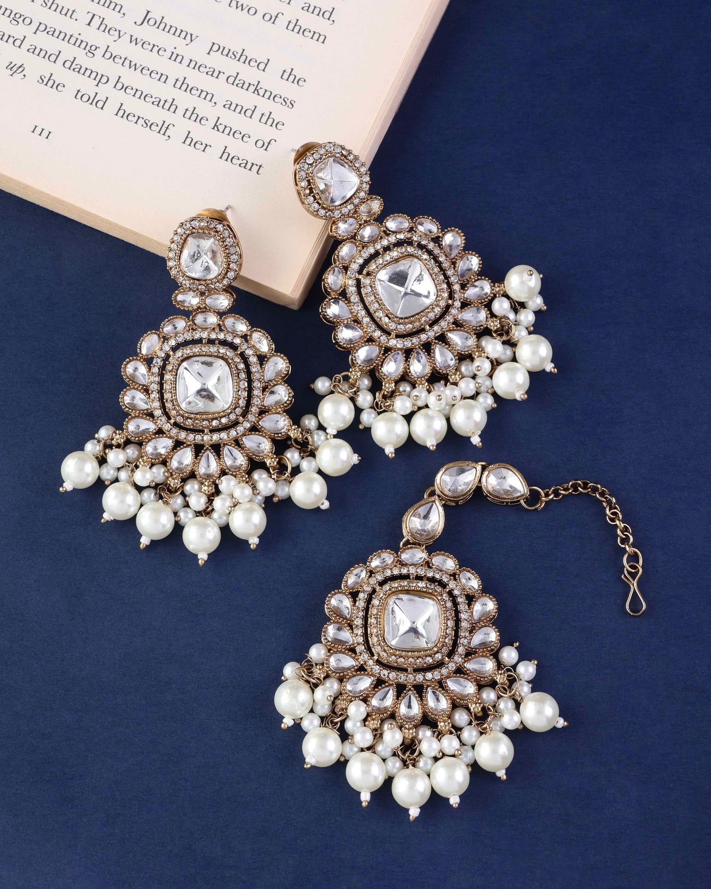 Jasraj Premium Zircone Polki Dupe Pearl Necklace with Earring and Teeka