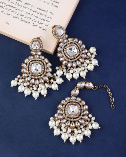 Jasraj Premium Zircone Polki Dupe Pearl Necklace with Earring and Teeka