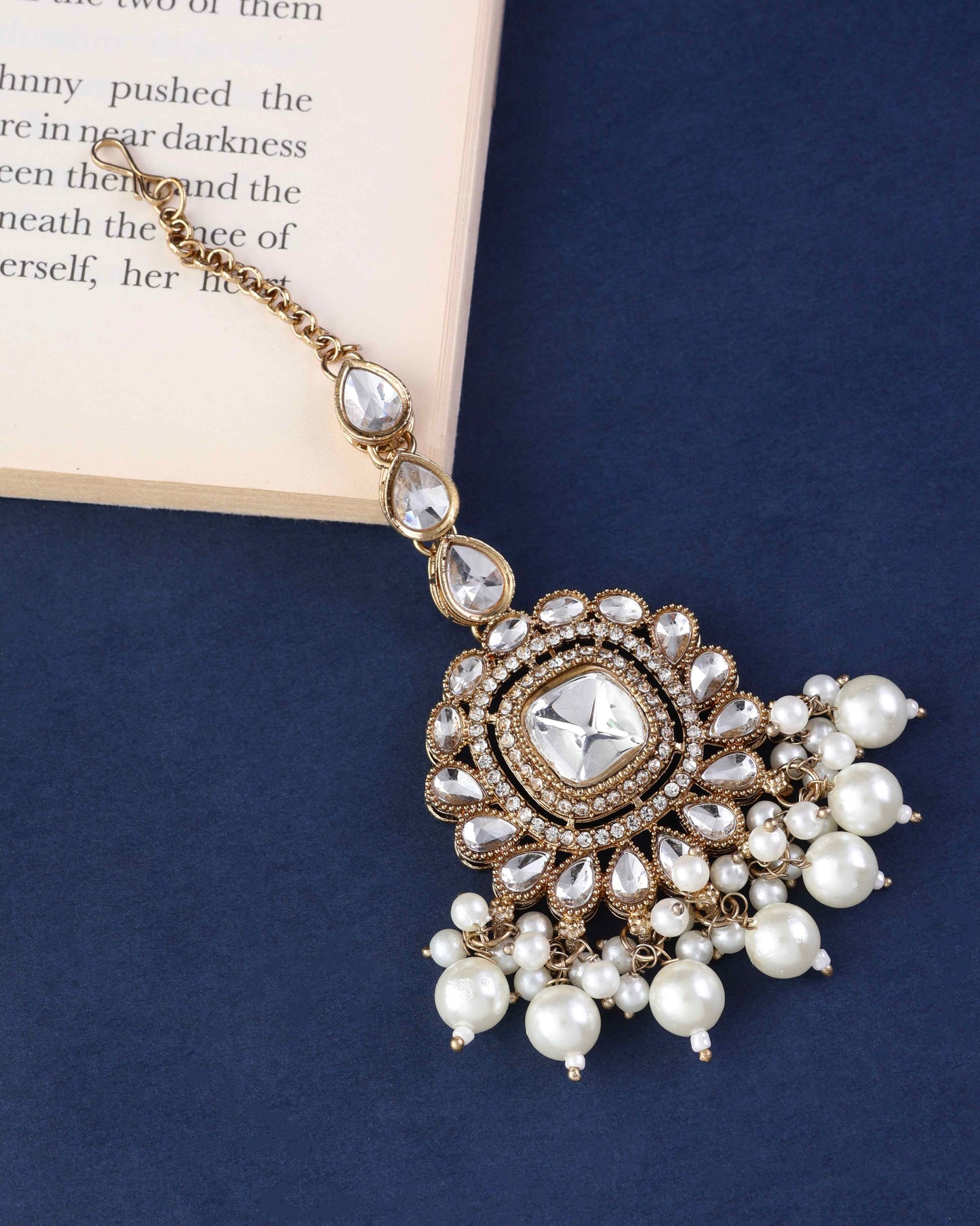 Jasraj Premium Zircone Polki Dupe Pearl Necklace with Earring and Teeka