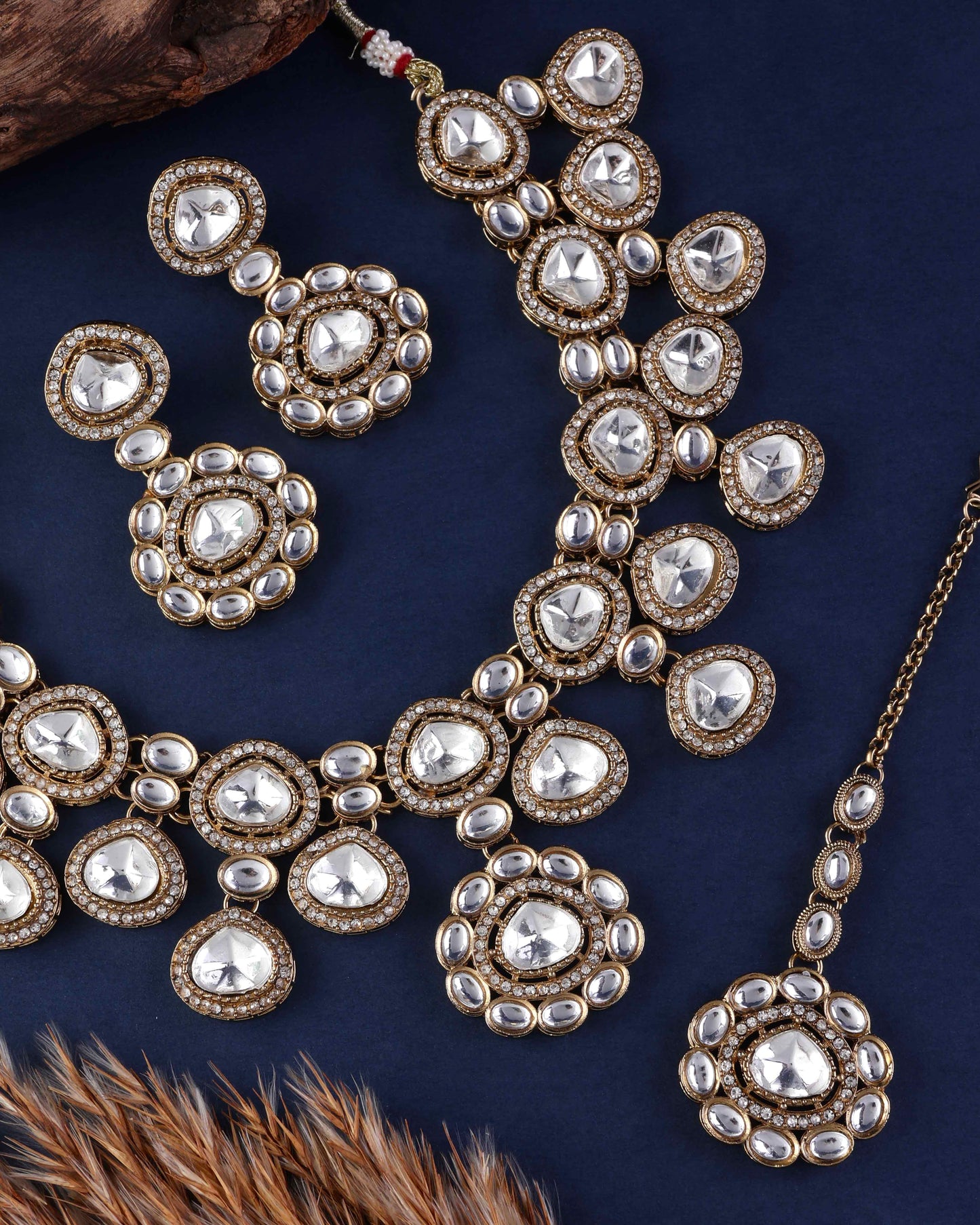 Meghana Premium Polki Dupe Necklace with Earring and Teeka