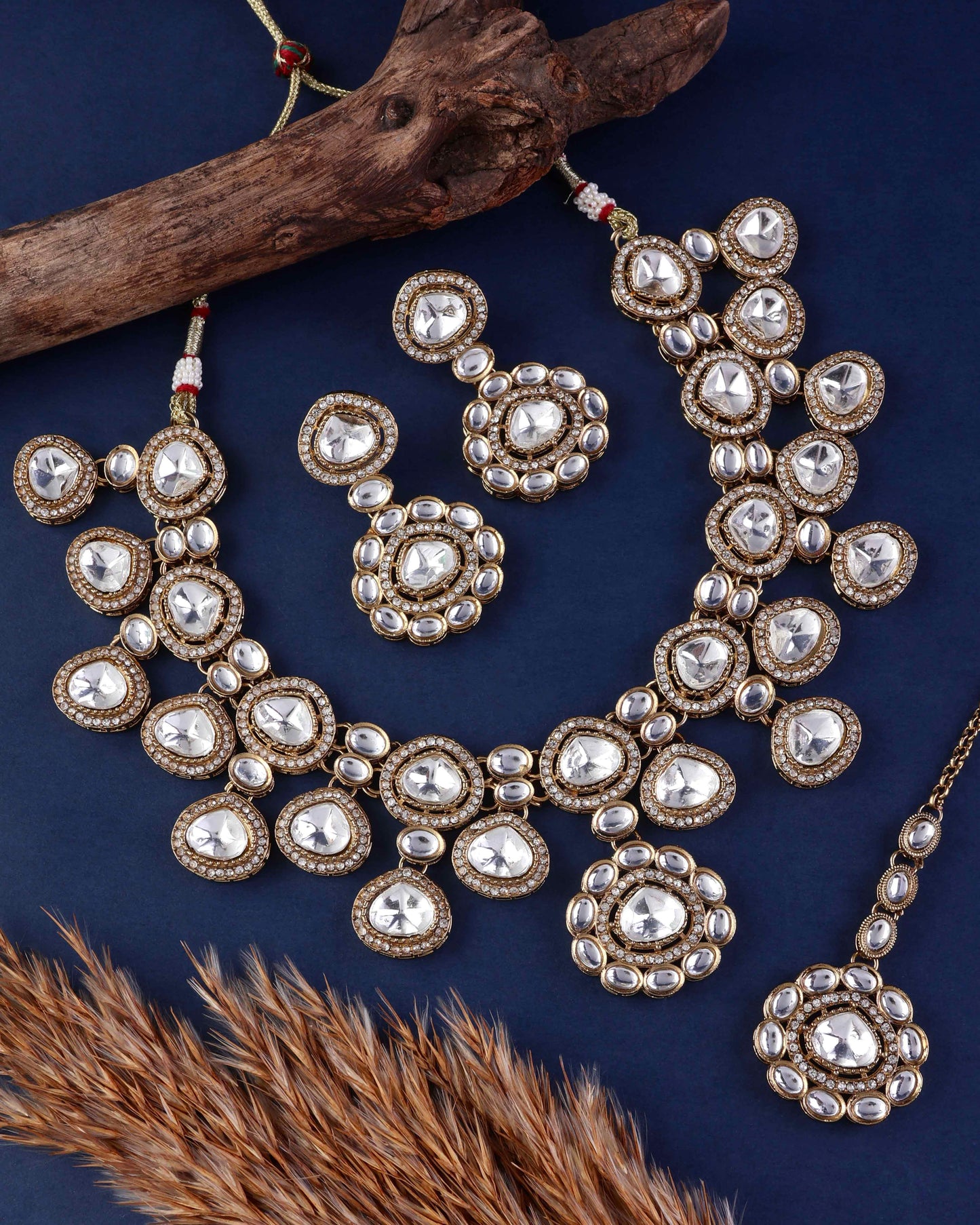 Meghana Premium Polki Dupe Necklace with Earring and Teeka