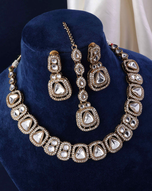 Silver Zorawar Premium Polki Dupe Necklace with Earring and Teeka