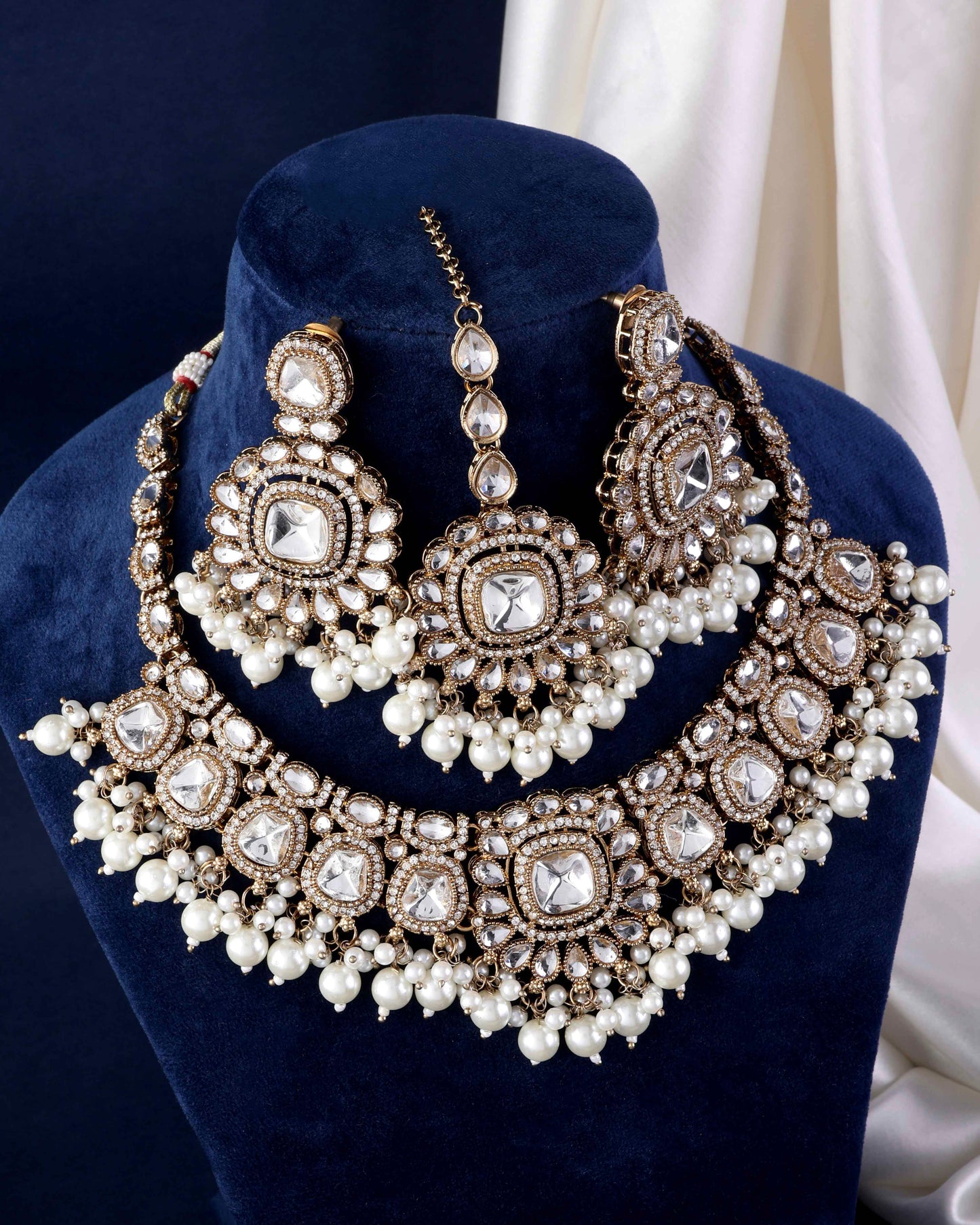 Jasraj Premium Zircone Polki Dupe Pearl Necklace with Earring and Teeka