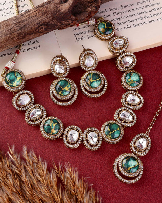 Green Abir Premium Polki Dupe Necklace with Earring and Teeka
