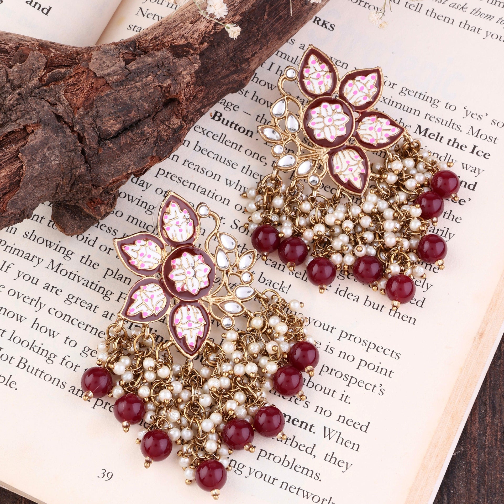 Maroon Kavish Lotus Meenakari Earring