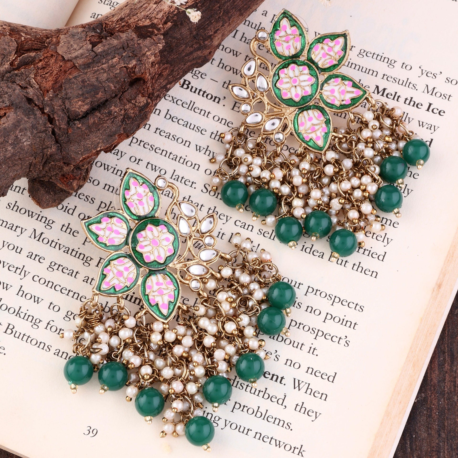 Emerald Kavish Lotus Meenakari Earring