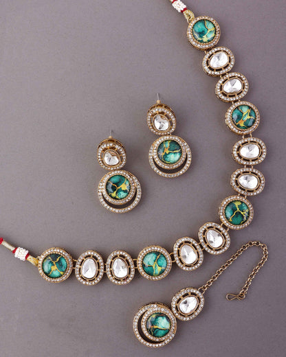 Green Abir Premium Polki Dupe Necklace with Earring and Teeka