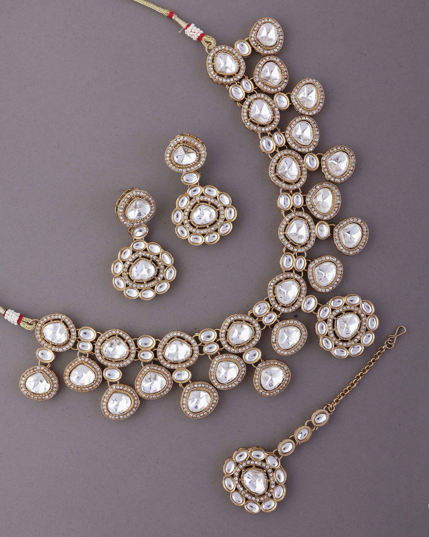Meghana Premium Polki Dupe Necklace with Earring and Teeka