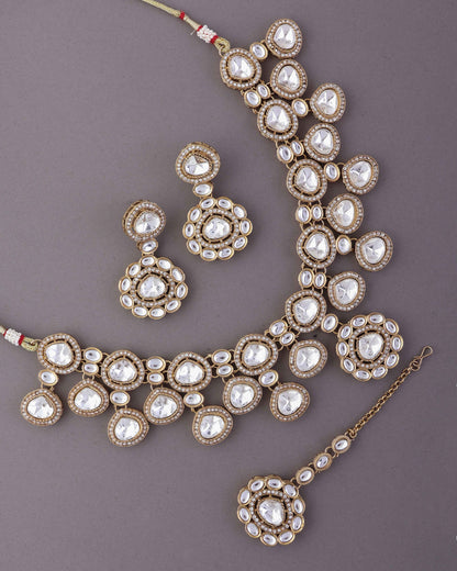 Meghana Premium Polki Dupe Necklace with Earring and Teeka
