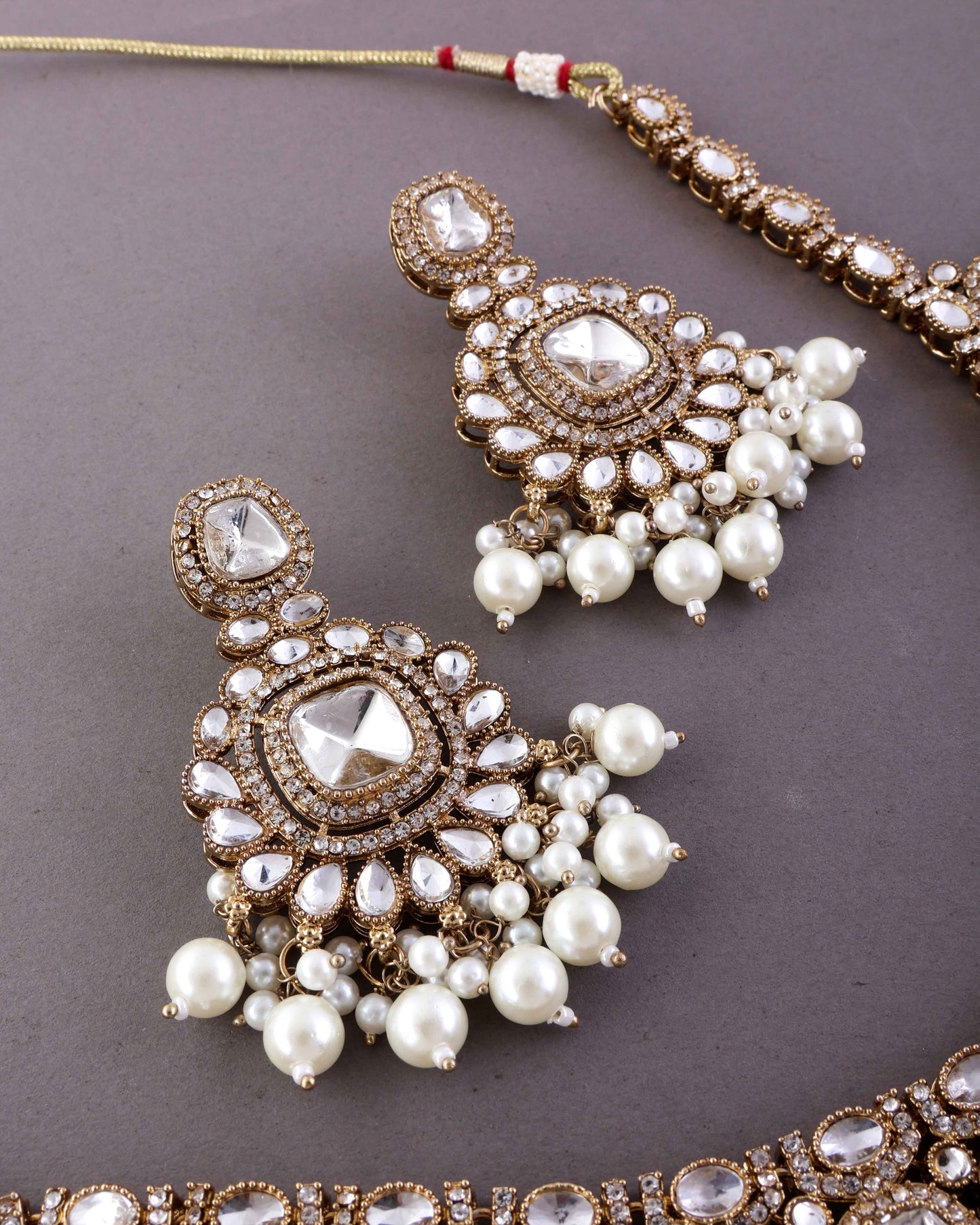 Jasraj Premium Zircone Polki Dupe Pearl Necklace with Earring and Teeka