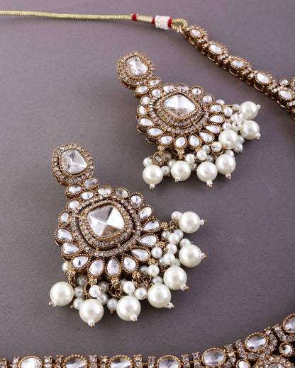 Jasraj Premium Zircone Polki Dupe Pearl Necklace with Earring and Teeka