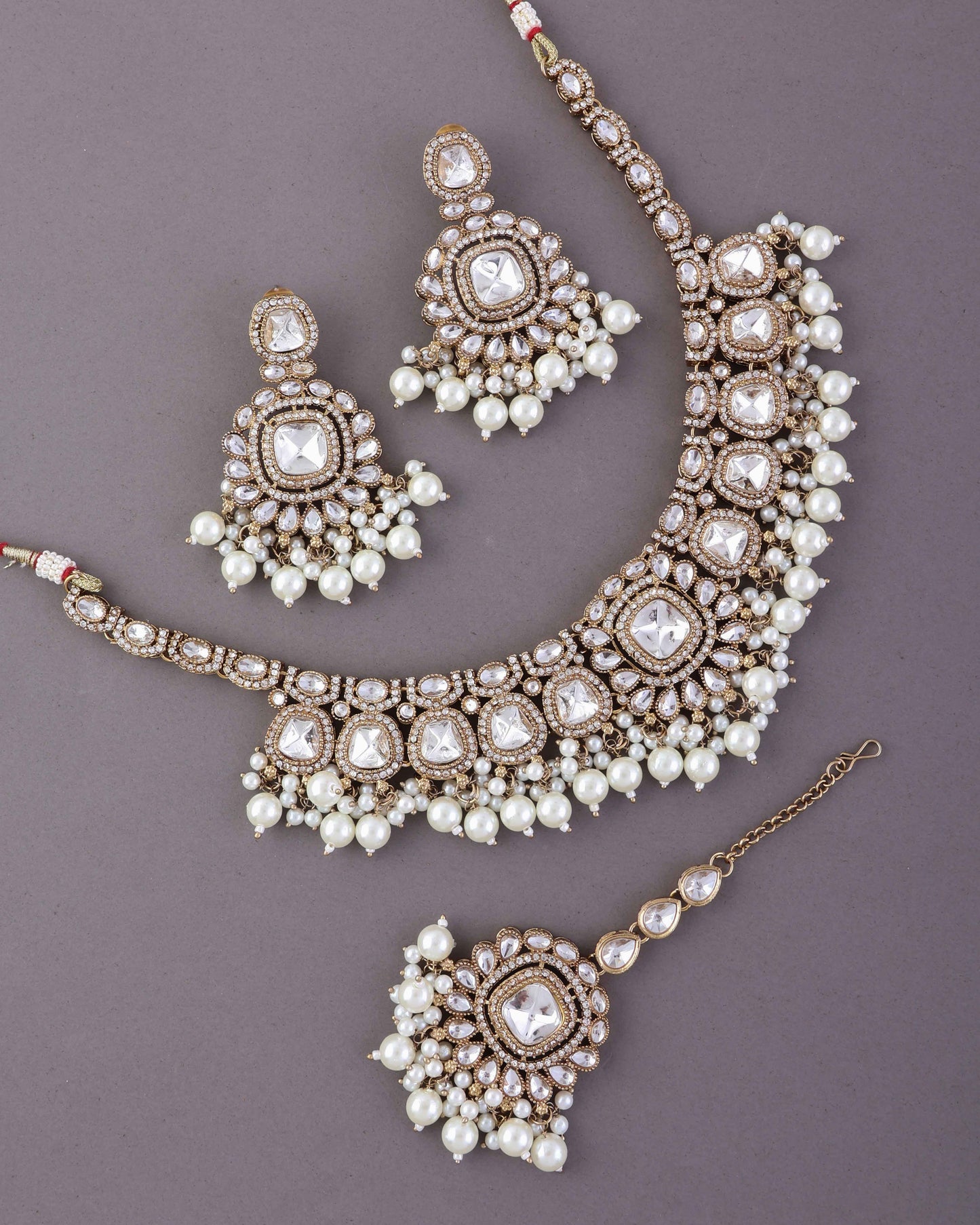 Jasraj Premium Zircone Polki Dupe Pearl Necklace with Earring and Teeka
