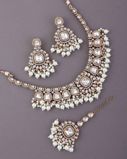Jasraj Premium Zircone Polki Dupe Pearl Necklace with Earring and Teeka