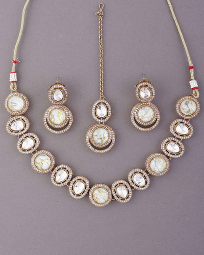 Ivory Abir Premium Polki Dupe Necklace with Earring and Teeka