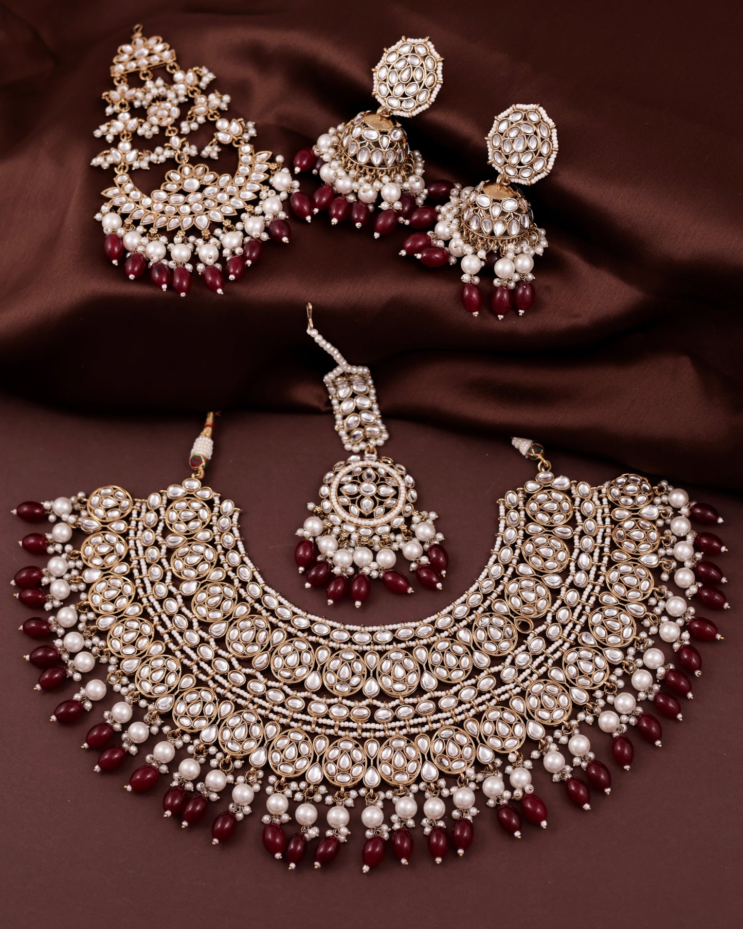 Maroon Navneet Statement Necklace Earring with Teeka and Side Jhumar/Passa