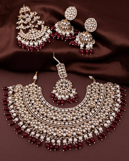 Maroon Navneet Statement Necklace Earring with Teeka and Side Jhumar/Passa