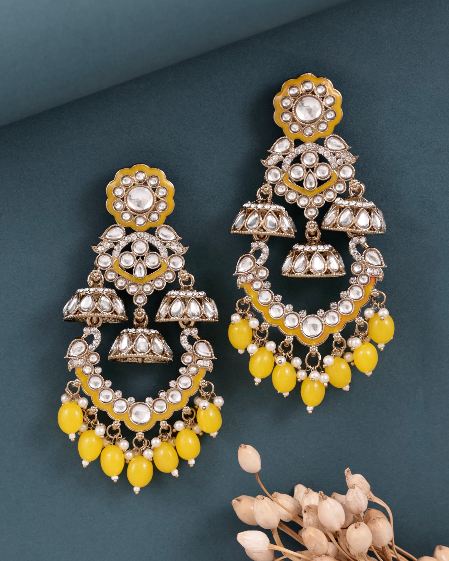 Yellow Taha Meenakari Zircon Jhumki Earring