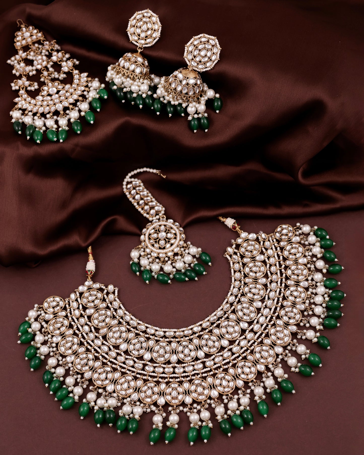 Green Navneet Statement Necklace Earring with Teeka and Side Jhumar/Passa