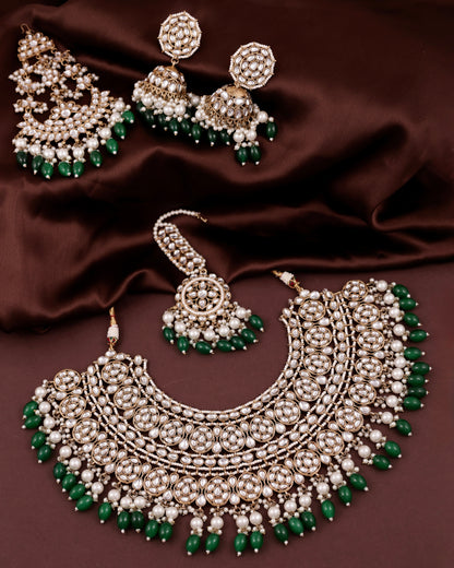 Green Navneet Statement Necklace Earring with Teeka and Side Jhumar/Passa