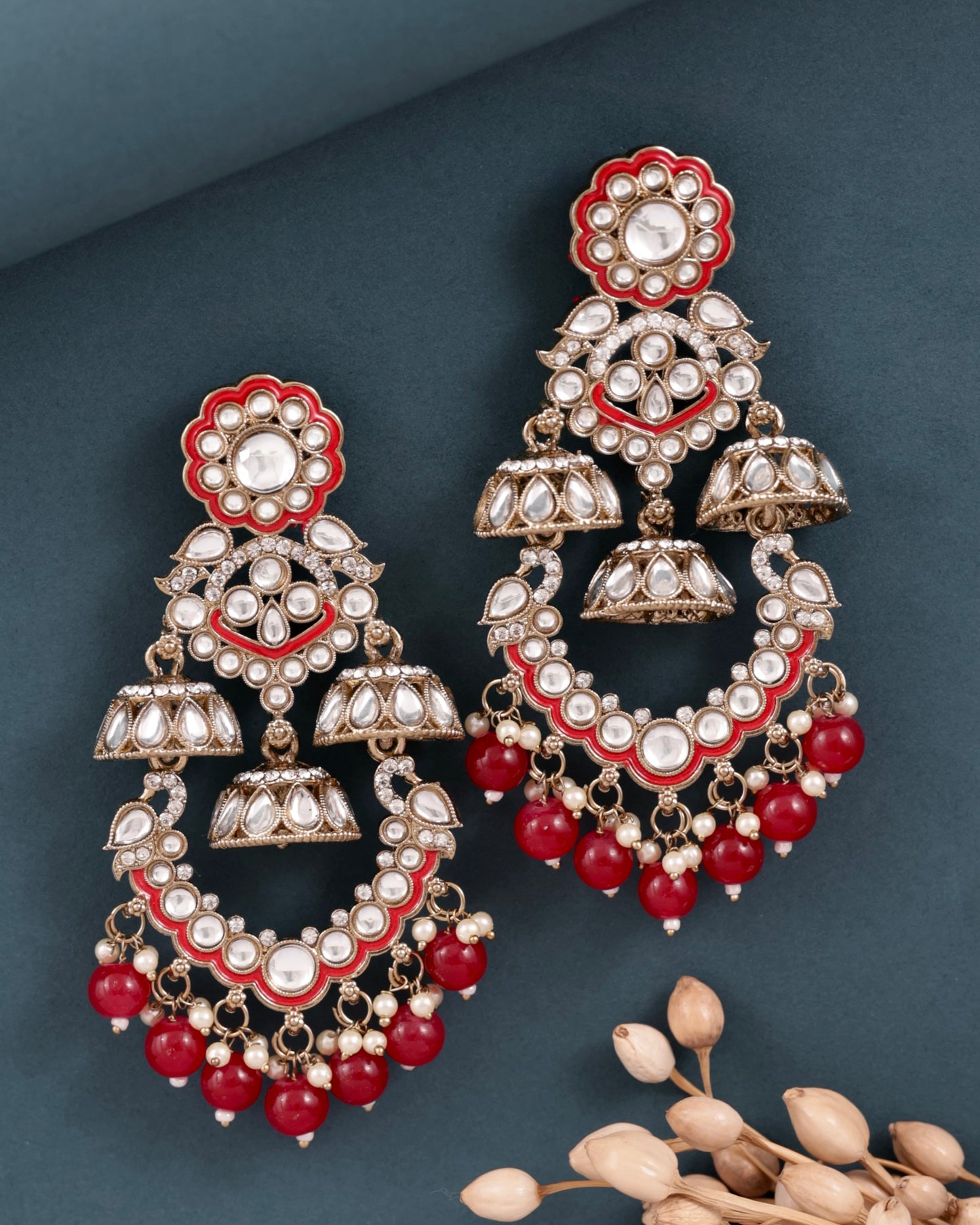 Red Taha Meenakari Zircon Jhumki Earring
